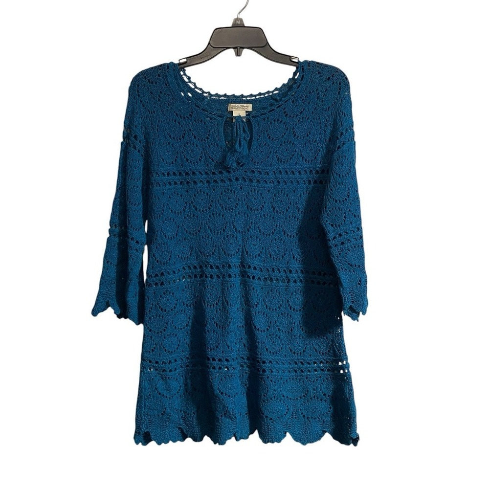 LUCKY BRAND Small Crochet Sweater Open Knit Scalloped Hem Boho Festival Beach